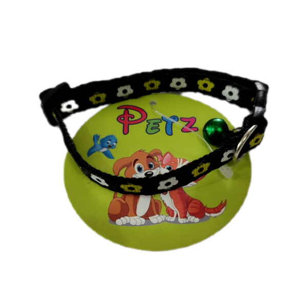 Fancy Cat Collar with Bell - Flower Pattern Black