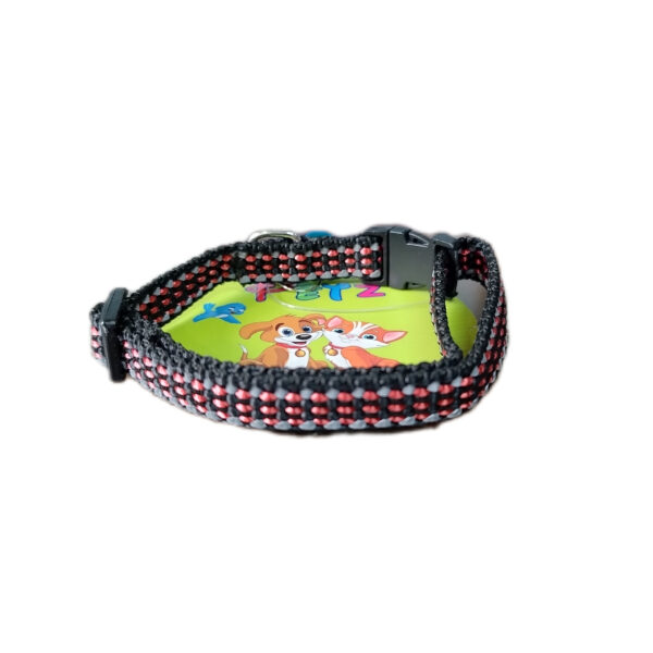 Fancy Cat Collar with Bell - Reflective Stripes Pattern Black With Red Accents